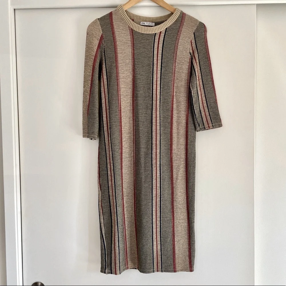 ZARA Striped Midi Dress Cream‎ Red Navy Stretchy Knit Elbow Sleeve Small